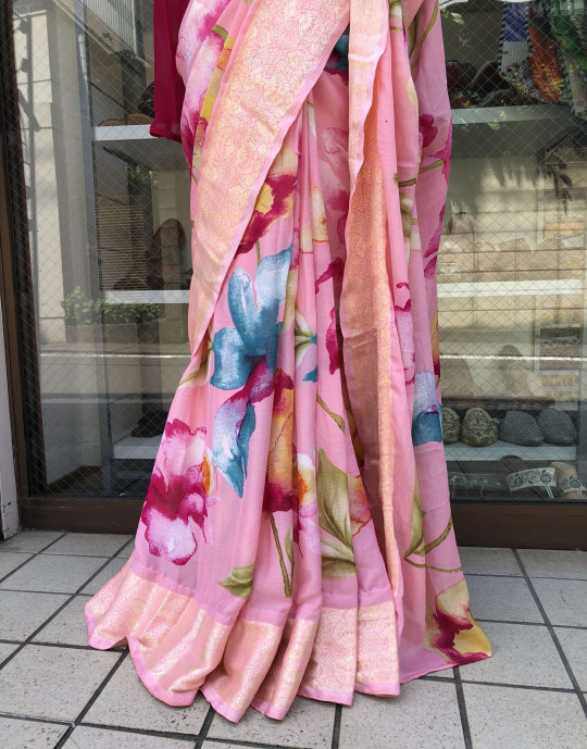 Floral Print Handwork Chinon Saree